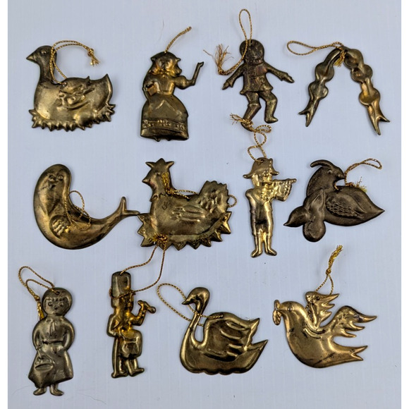 Vintage set of 12 Brass Tin Metal Christmas Tree Ornaments 12 Days of Christmas - Picture 1 of 9